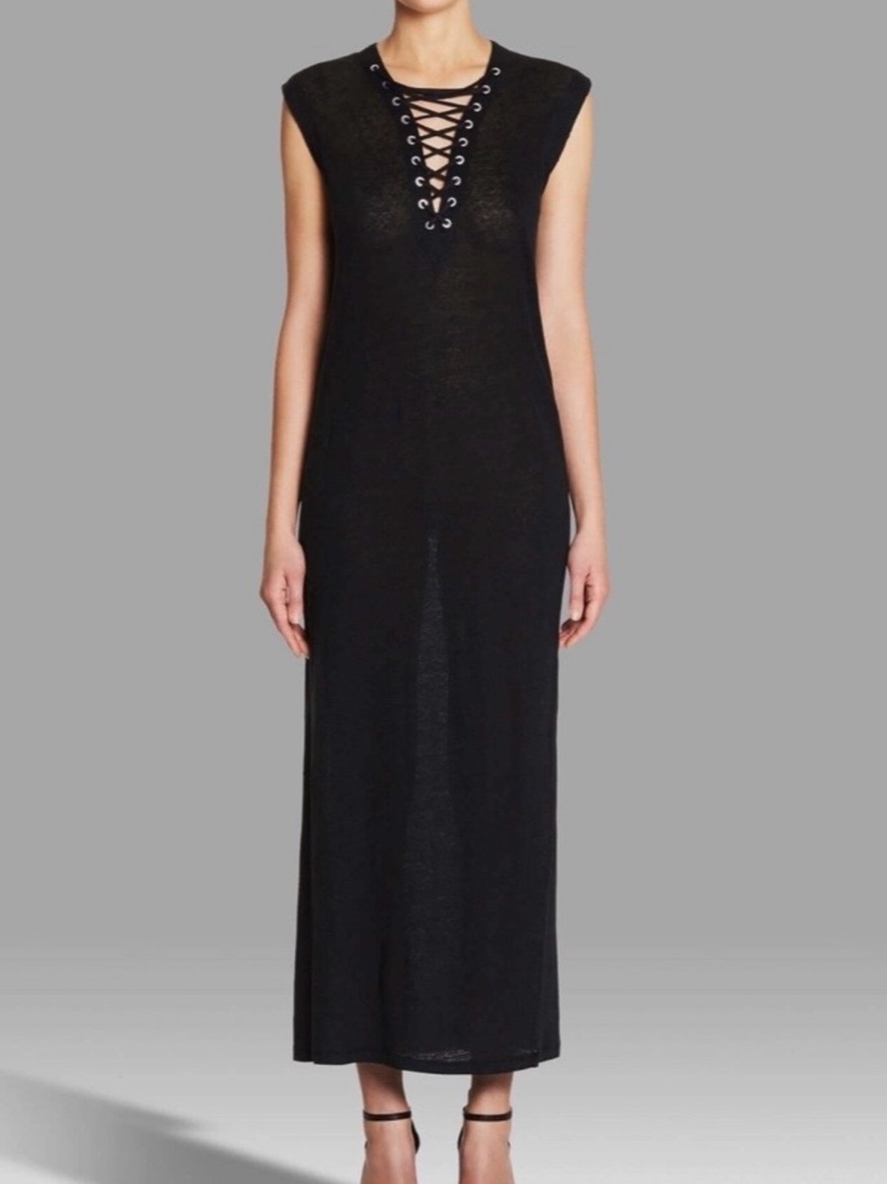 IRO "Daisy" Minimalist Contemporary 100% Linen Sleeveless Black Lace-Up Maxi M
